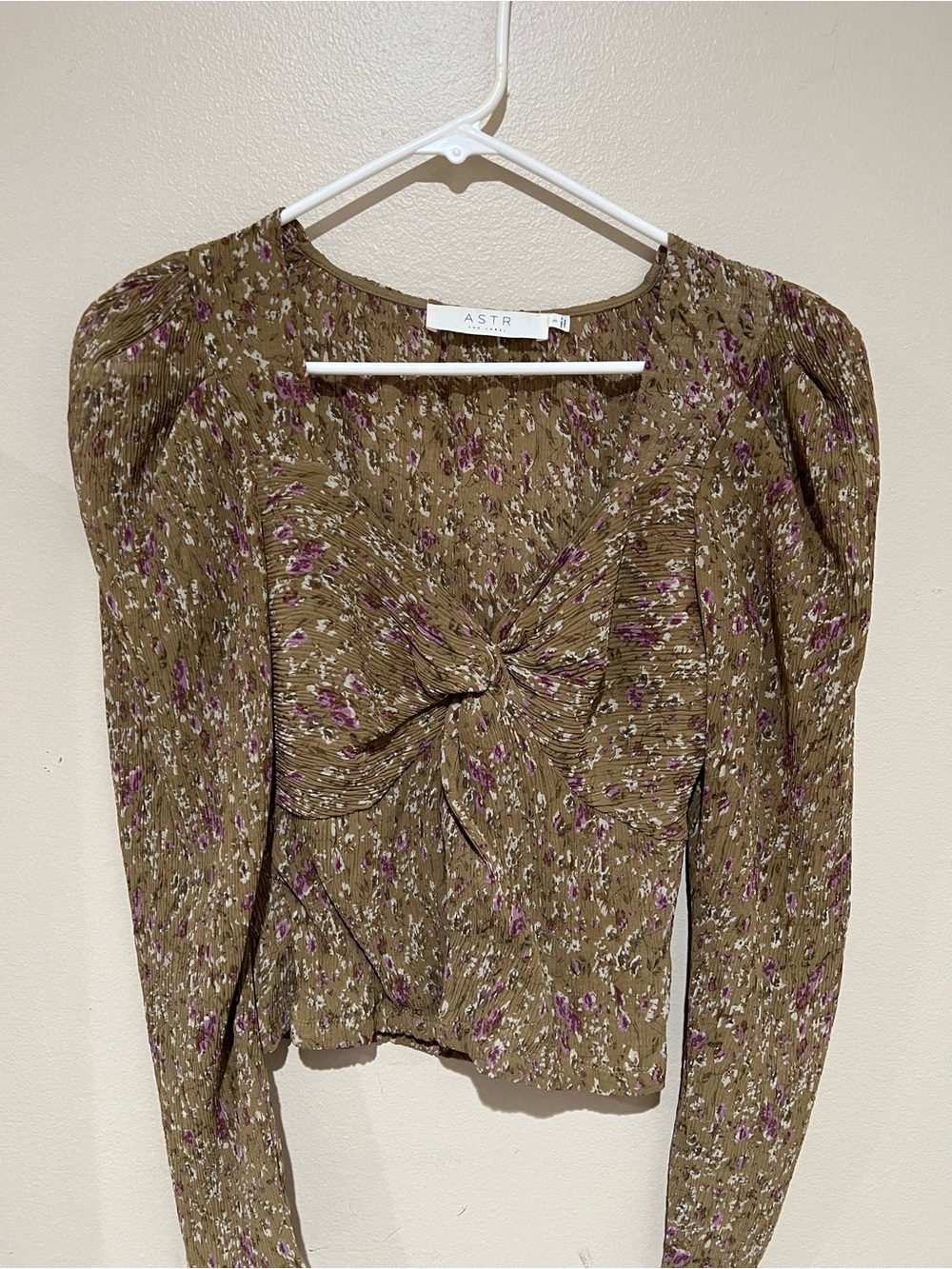 ASTR Olive Floral Twist-Front Long Sleeve Top with Purple Accents